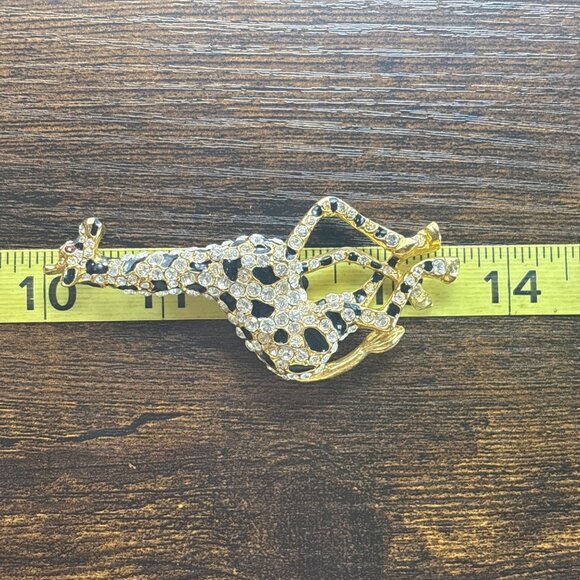 Gold Tone White Crystal & Black Enamel Giraffe Brooch Size 3.5" Length - Picture 9 of 11